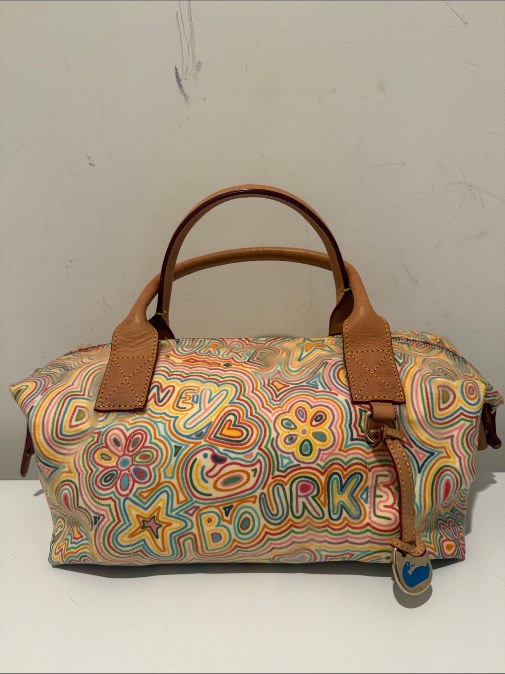 Dooney & Bourke Rare Multicolor Doodle Print Satchel With Tan Trim